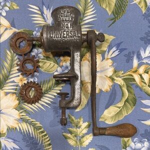 Antique Universal Silver Meat Grinder with Brown Handle